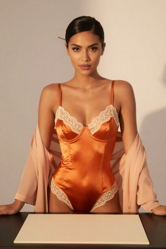 FuliWoa muse in a sunset-orange satin corset lingerie set with cream lace at the letterpress desk